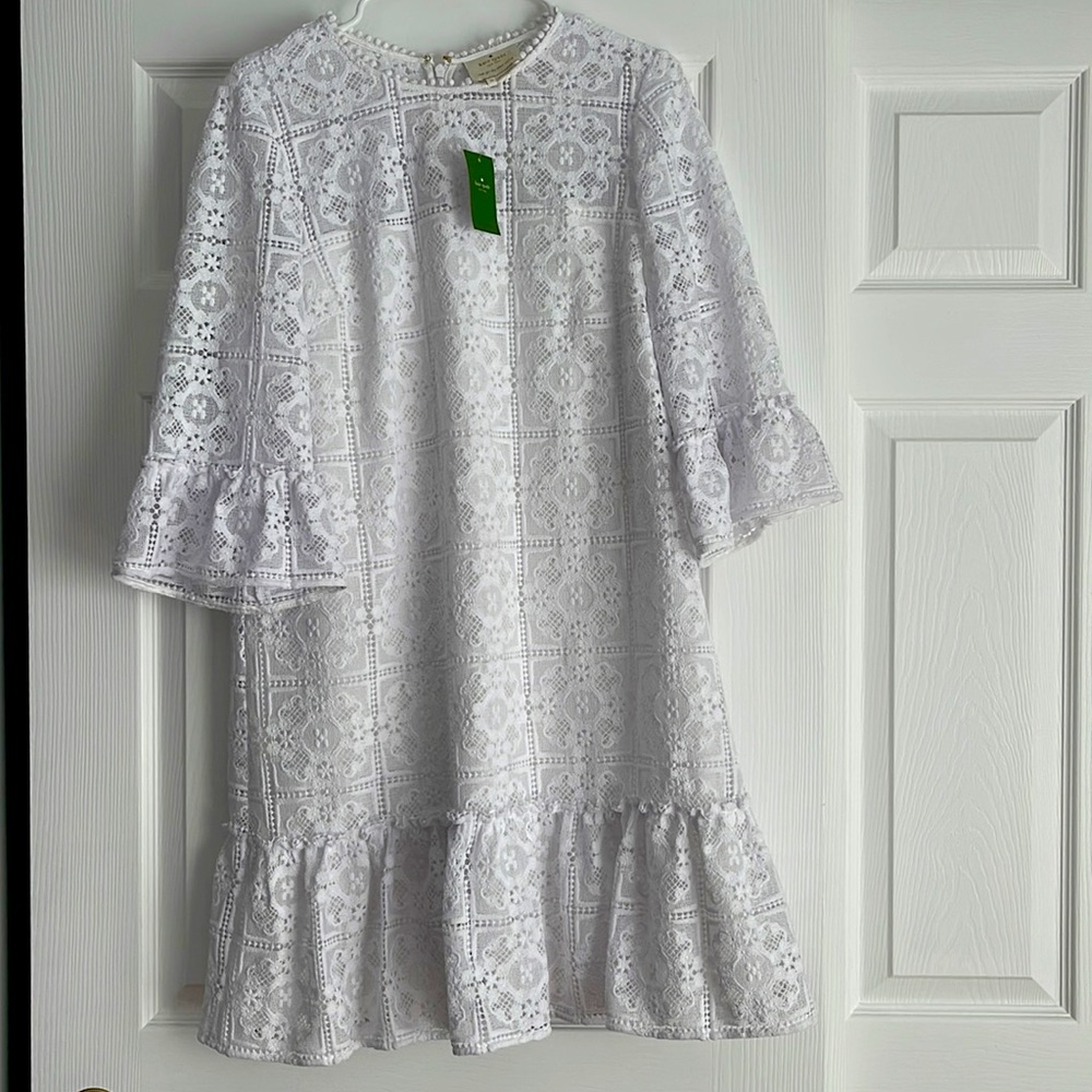 NWT Kate Spade lace flounce shift dress white